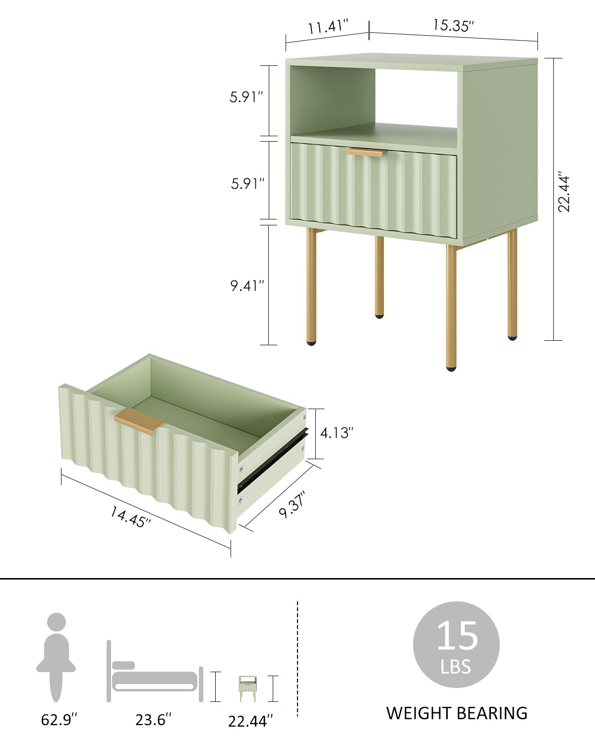 Green Night Stand with Drawer and Shelf J33808