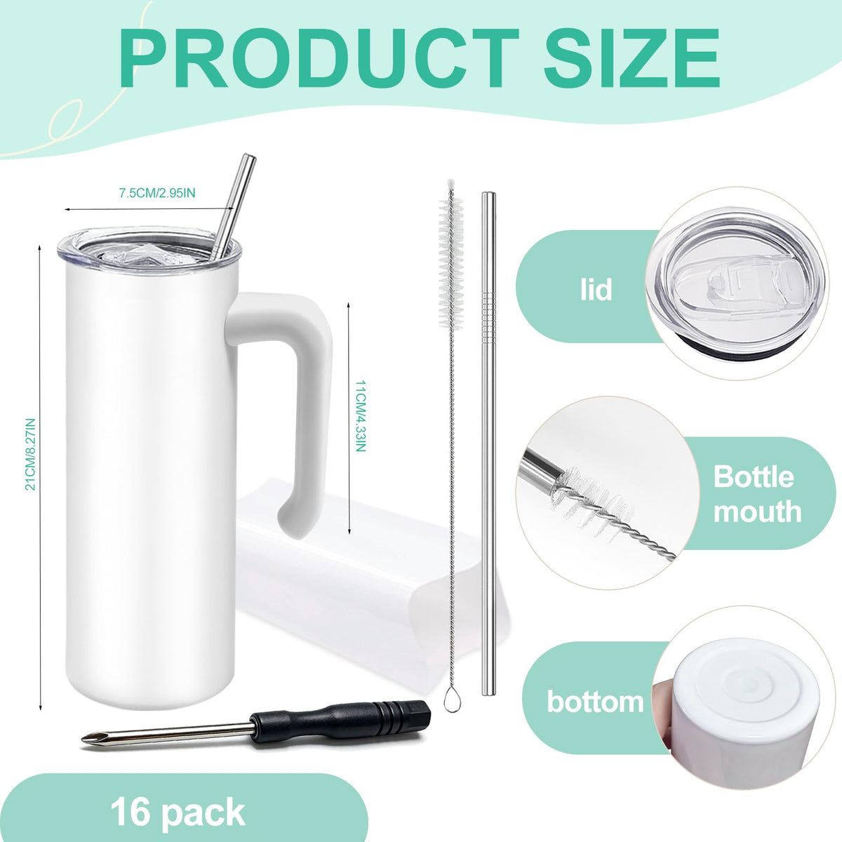 16 Pack 20 oz Stainless Steel Sublimation Tumblers with Straw & Lids M13339