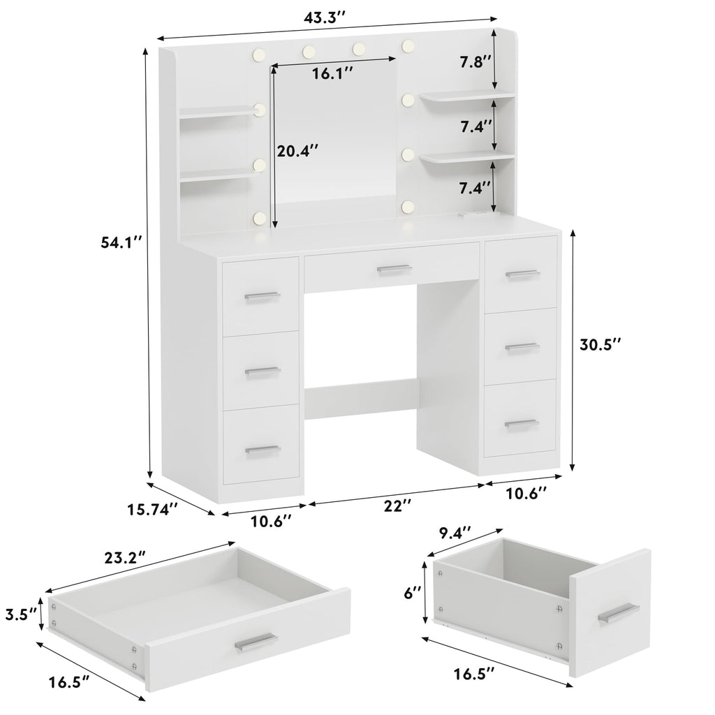 White Vanity Desk with Lighted Mirror and 7 Drawers Y17538
