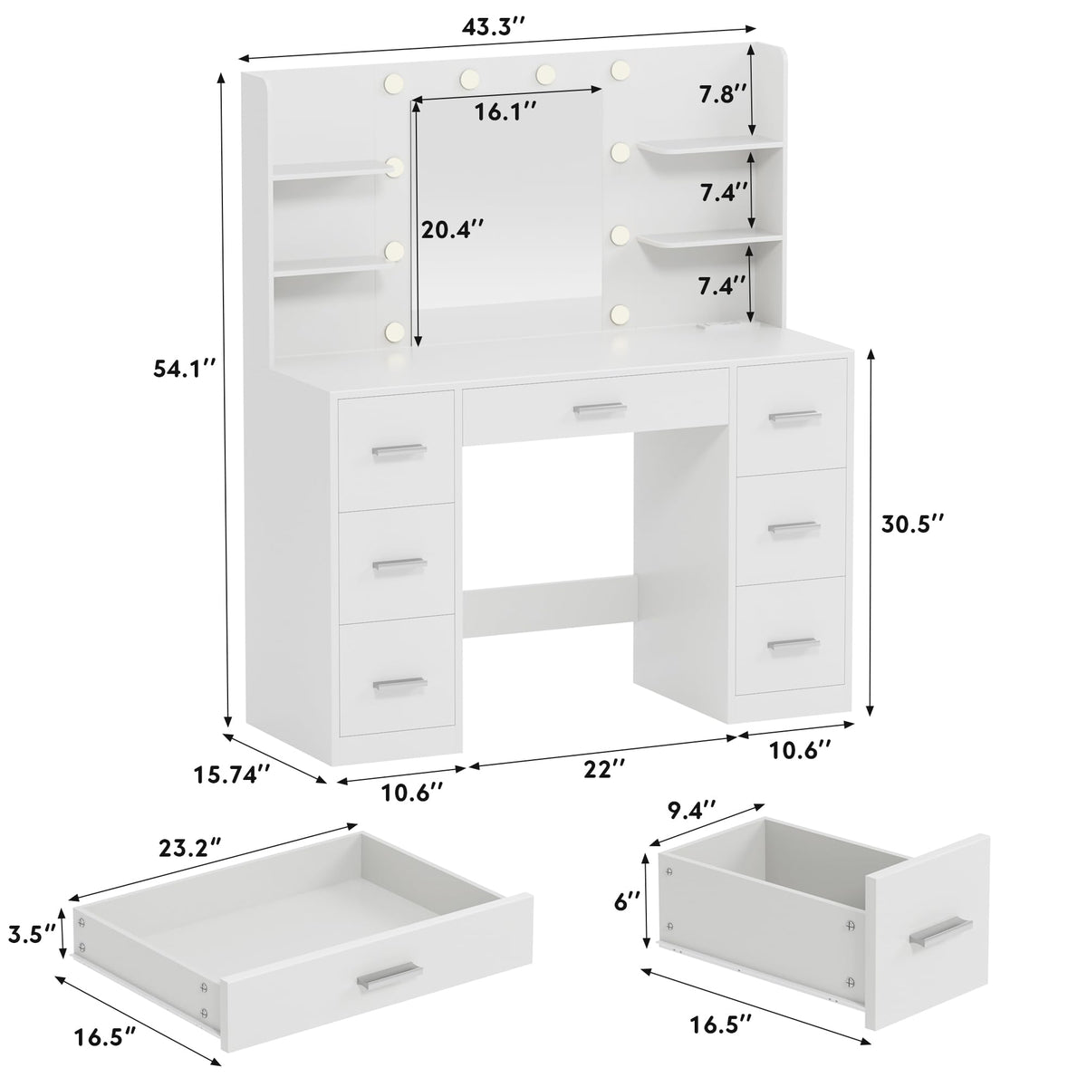 White Vanity Desk with Lighted Mirror and 7 Drawers Y17538