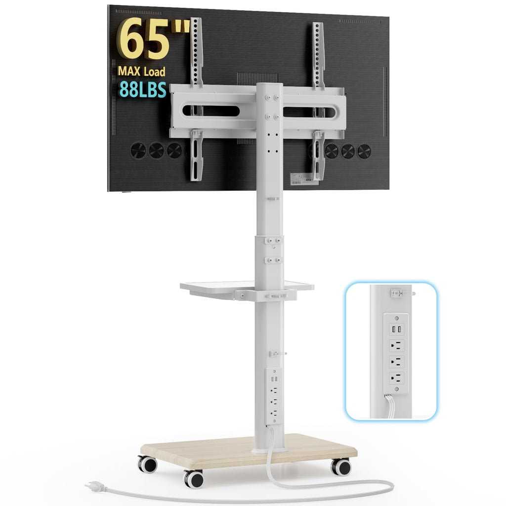 Mobile TV Stand with Power Outlets & Shelf, 27-65 Inch Swivel Height Adjustable White R5802