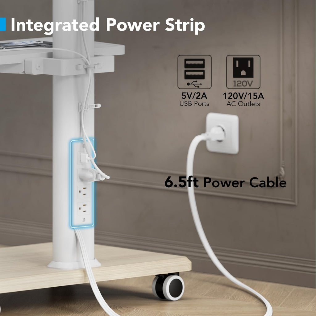 Mobile TV Stand with Power Outlets & Shelf, 27-65 Inch Swivel Height Adjustable White R5802