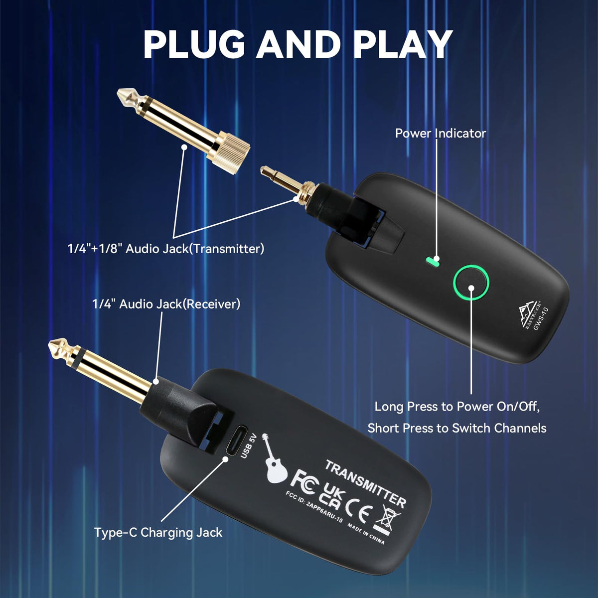 Wireless Guitar System Transmitter Receiver 7-Channel Rechargeable Black L5723