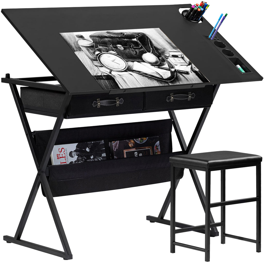 Black Adjustable Drafting Table with 2 Storage Drawers and Stool T5467