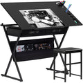 Black Adjustable Drafting Table with 2 Storage Drawers and Stool T5467