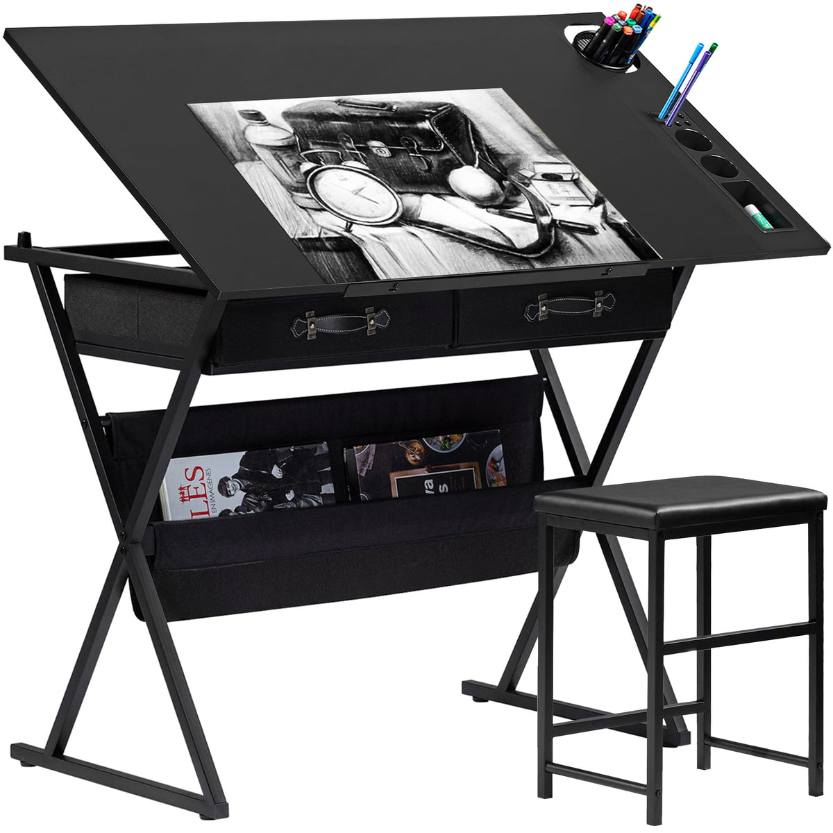 Black Adjustable Drafting Table with 2 Storage Drawers and Stool T5467