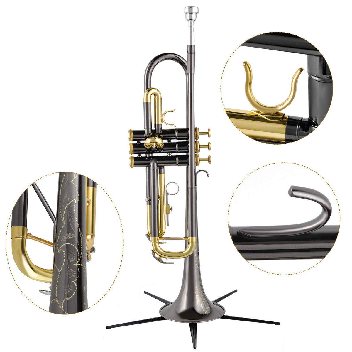 Bb Trumpet Set with Carrying Case, Gloves, 7C Mouthpiece, Tuning Rod, Black Nickel O916990
