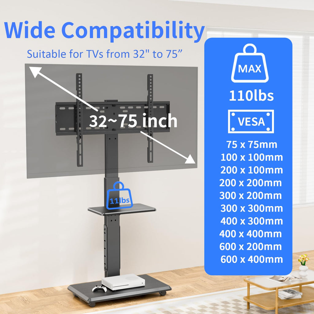 Height Adjustable Rolling TV Stand with Shelf H292
