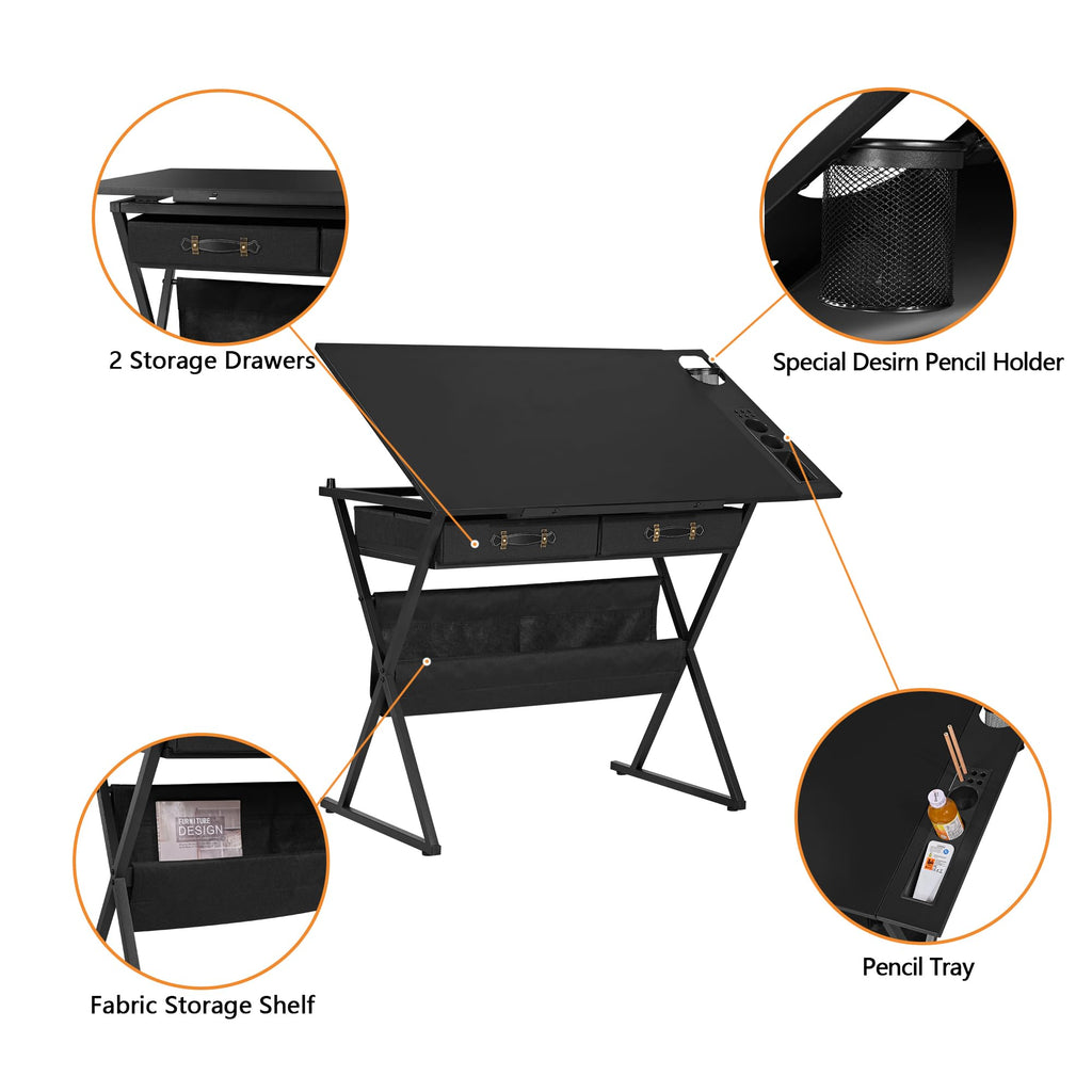 Black Adjustable Drafting Table with 2 Storage Drawers and Stool T5467