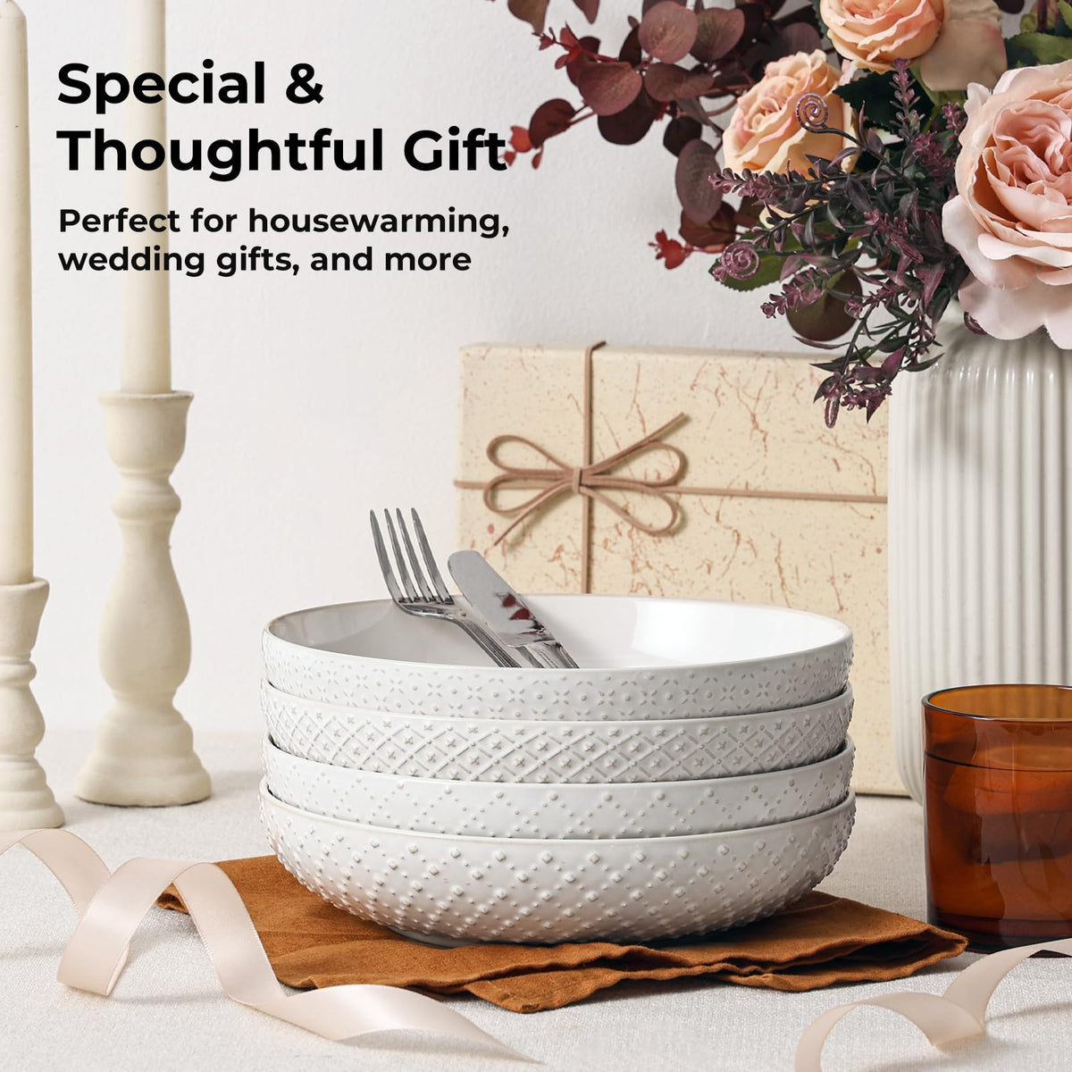 8.5" Ceramic Pasta Bowls Set of 4, 30 oz Soft White D4023