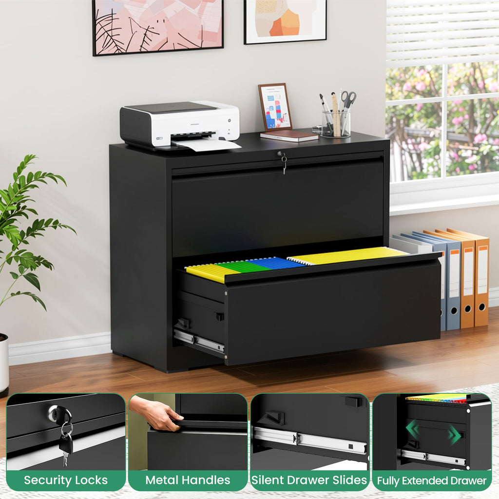 Black 2 Drawer Metal Lateral File Cabinet with Lock L5188