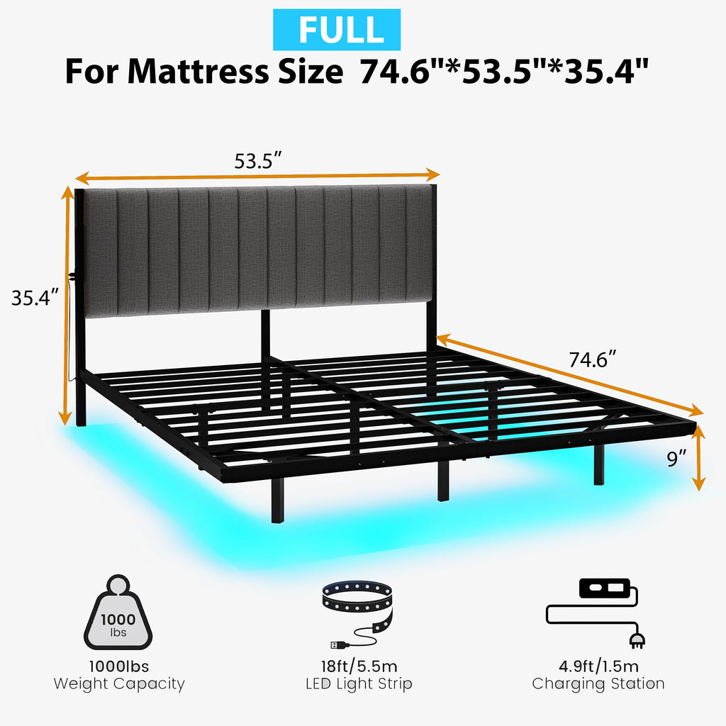 Full Size Metal Platform Bed Frame with LED Lights and Charging Port X709345