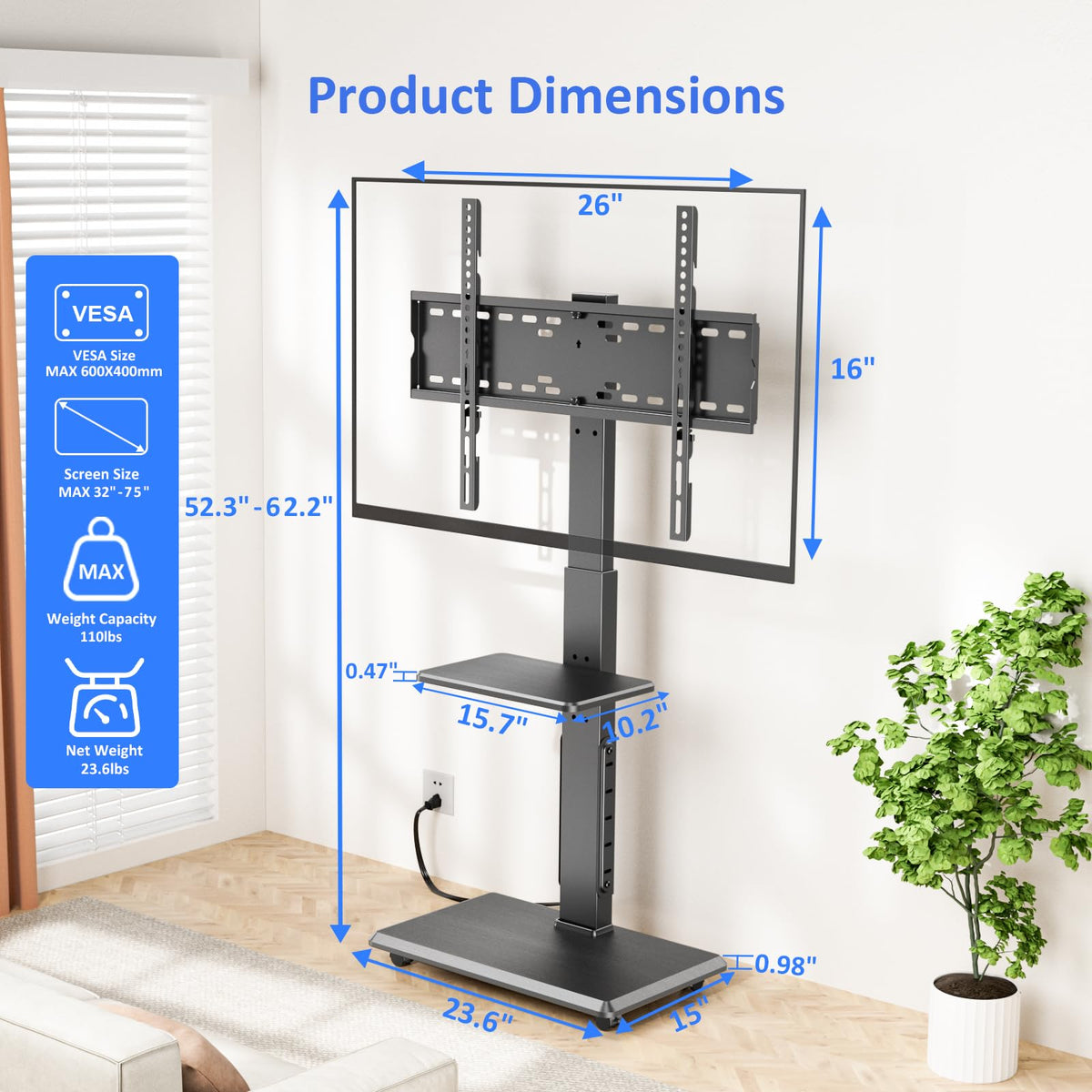 Height Adjustable Rolling TV Stand with Shelf H292