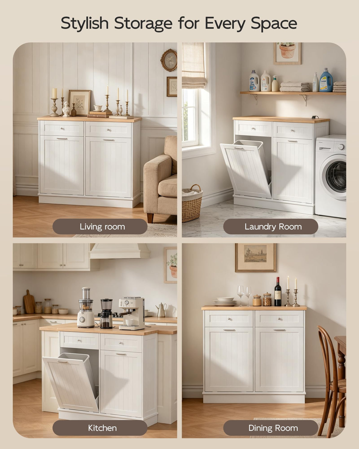 White Wooden Tilt Out Trash Cabinet with 2 Drawers P579992