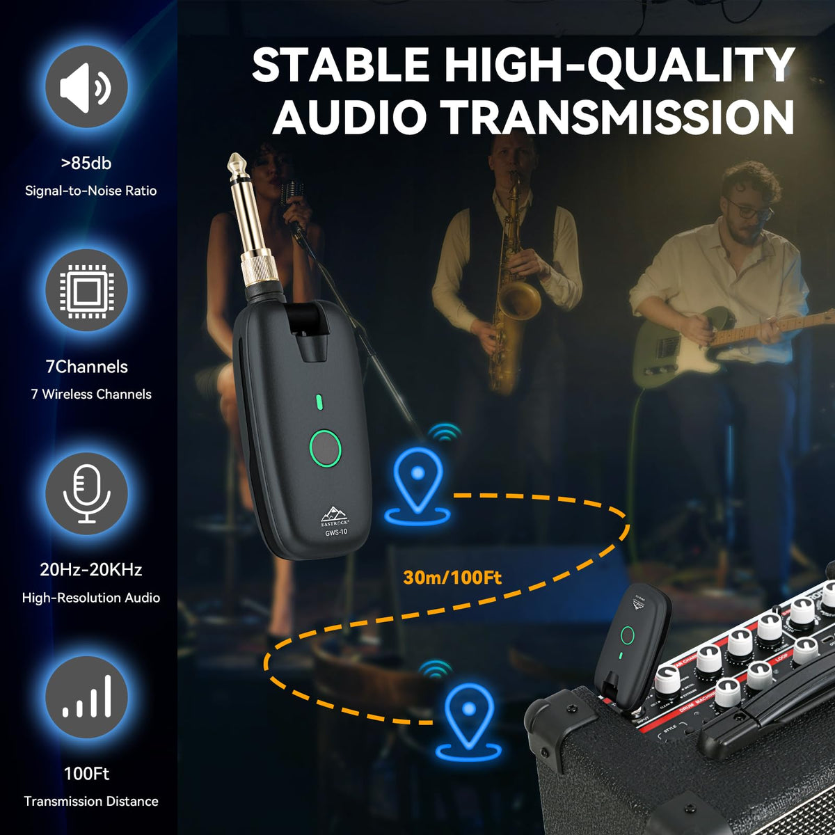 Wireless Guitar System Transmitter Receiver 7-Channel Rechargeable Black L5723