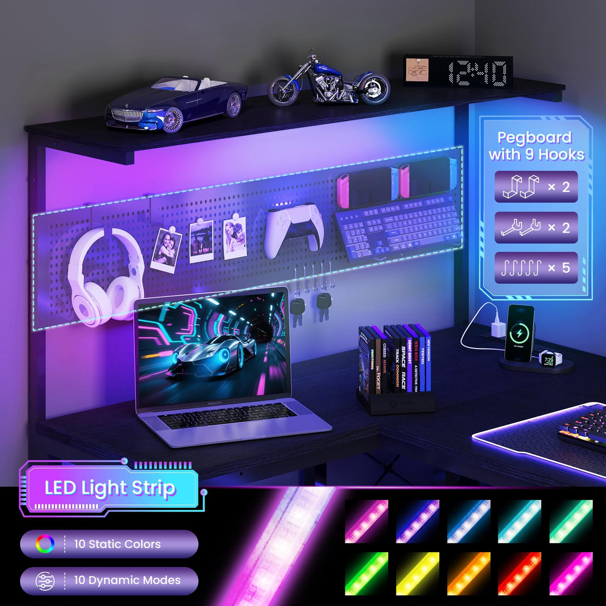 47in Black L Shaped Gaming Desk with Pegboard G541