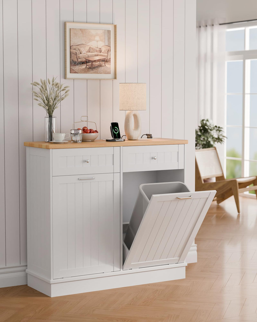 White Wooden Tilt Out Trash Cabinet with 2 Drawers P579992