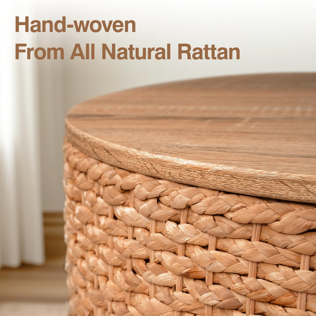 Round Nesting Coffee Table Set of 2 with Storage Wicker Rattan Wood Frame V899