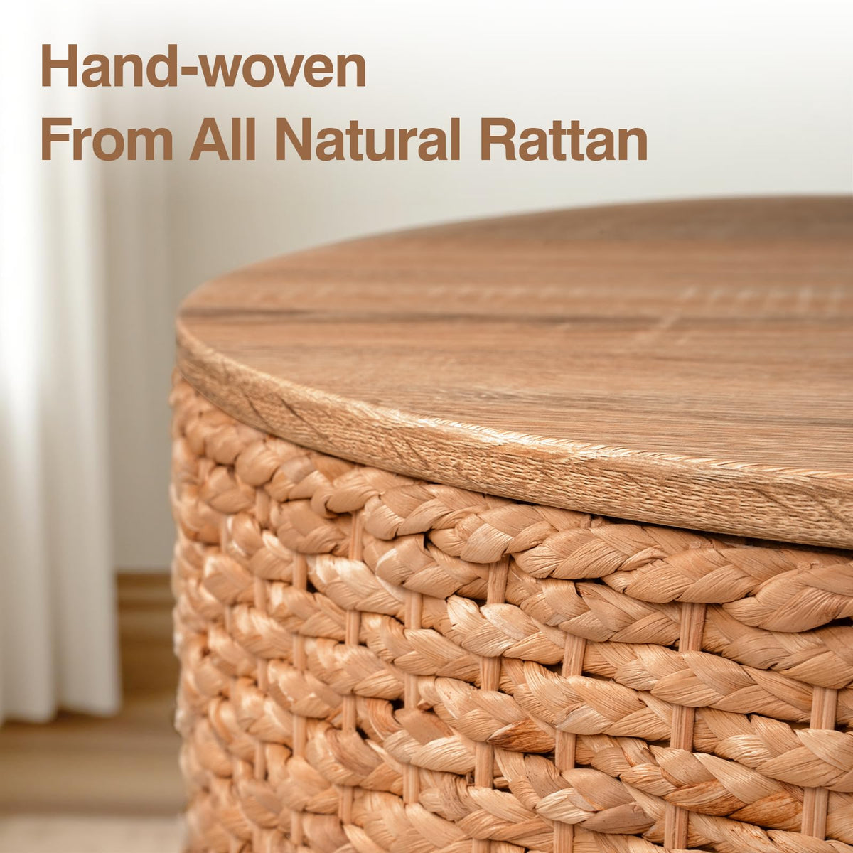 Round Nesting Coffee Table Set of 2 with Storage Wicker Rattan Wood Frame V899
