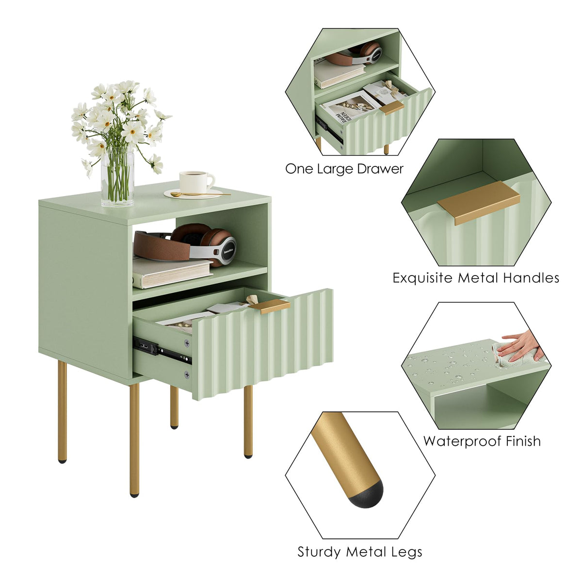 Green Night Stand with Drawer and Shelf J33808