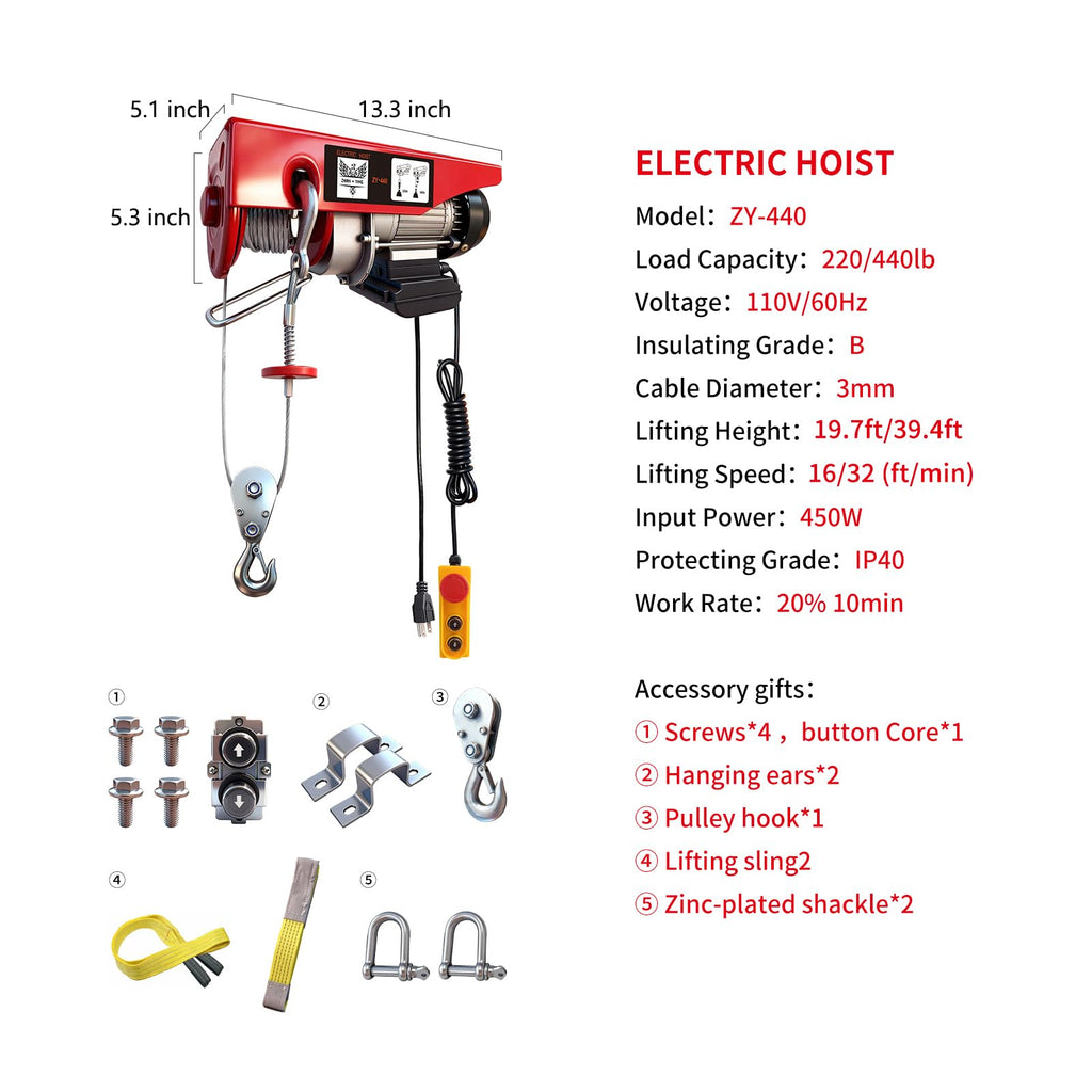 440 lbs 110V Electric Hoist with 14ft Wired Remote Control I24103