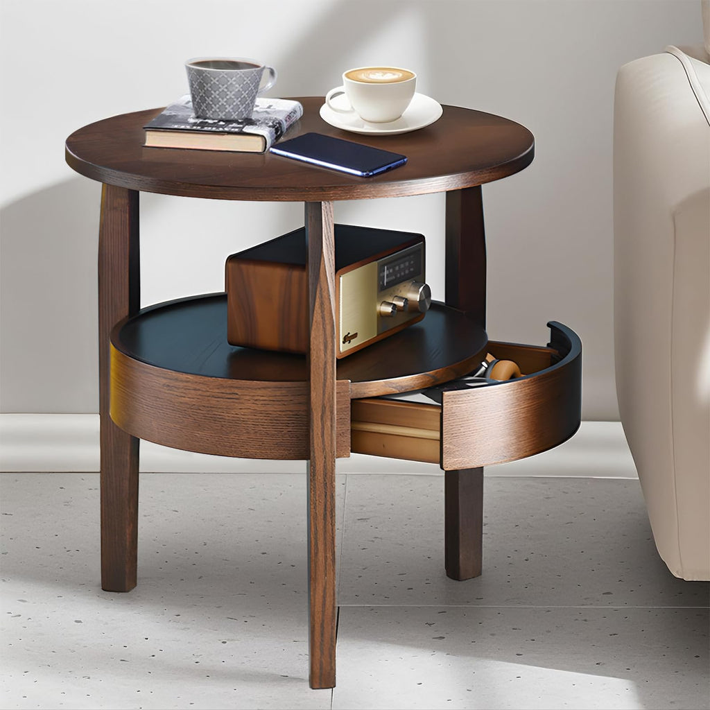 Dark Brown 2-Tier Round Coffee Table with Drawer O310223
