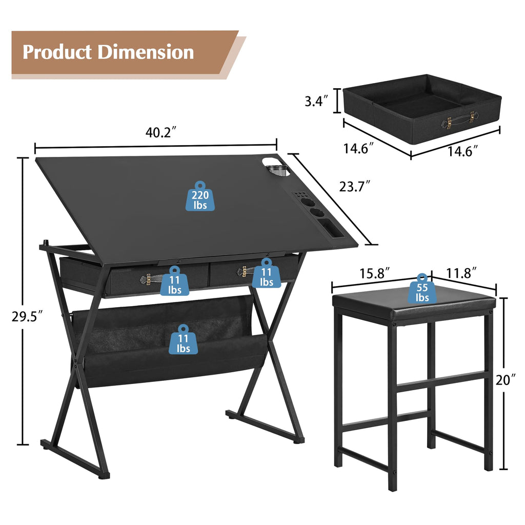 Black Adjustable Drafting Table with 2 Storage Drawers and Stool T5467