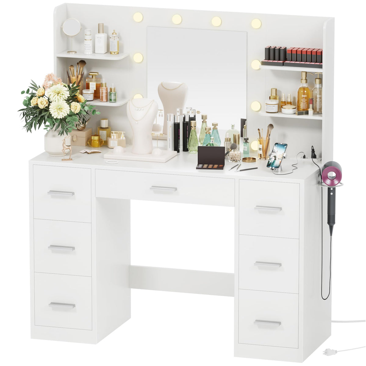 White Vanity Desk with Lighted Mirror and 7 Drawers Y17538