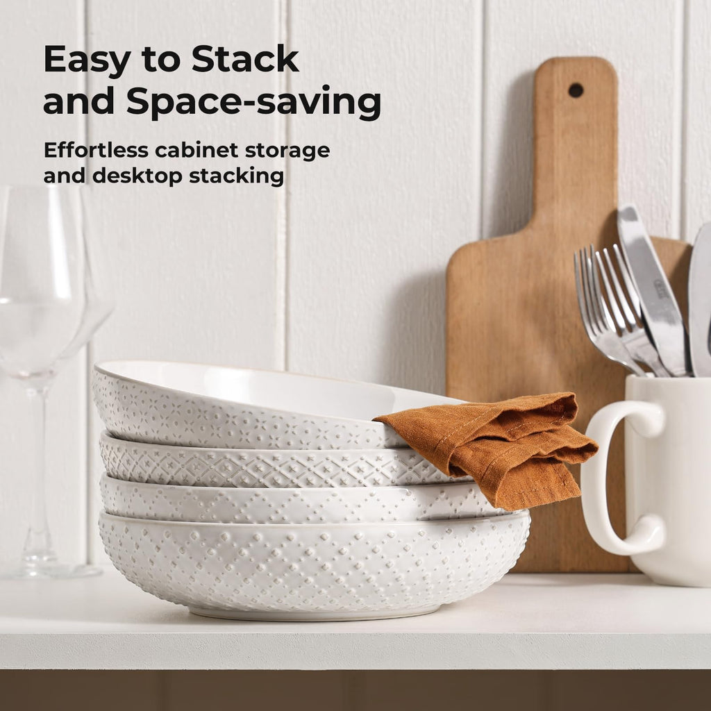 8.5" Ceramic Pasta Bowls Set of 4, 30 oz Soft White D4023