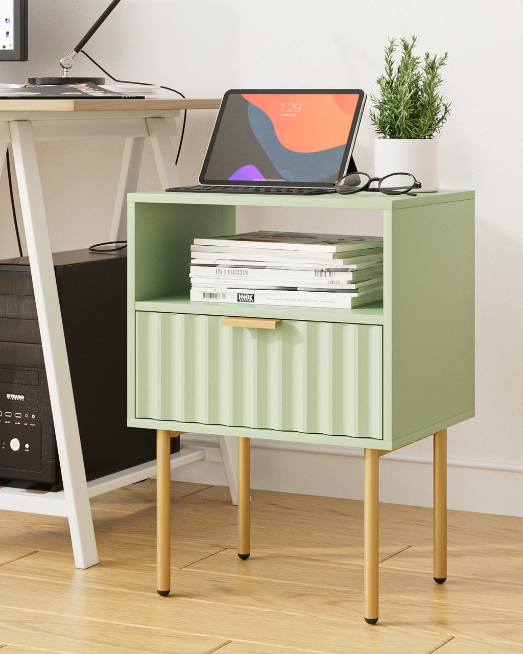 Green Night Stand with Drawer and Shelf J33808