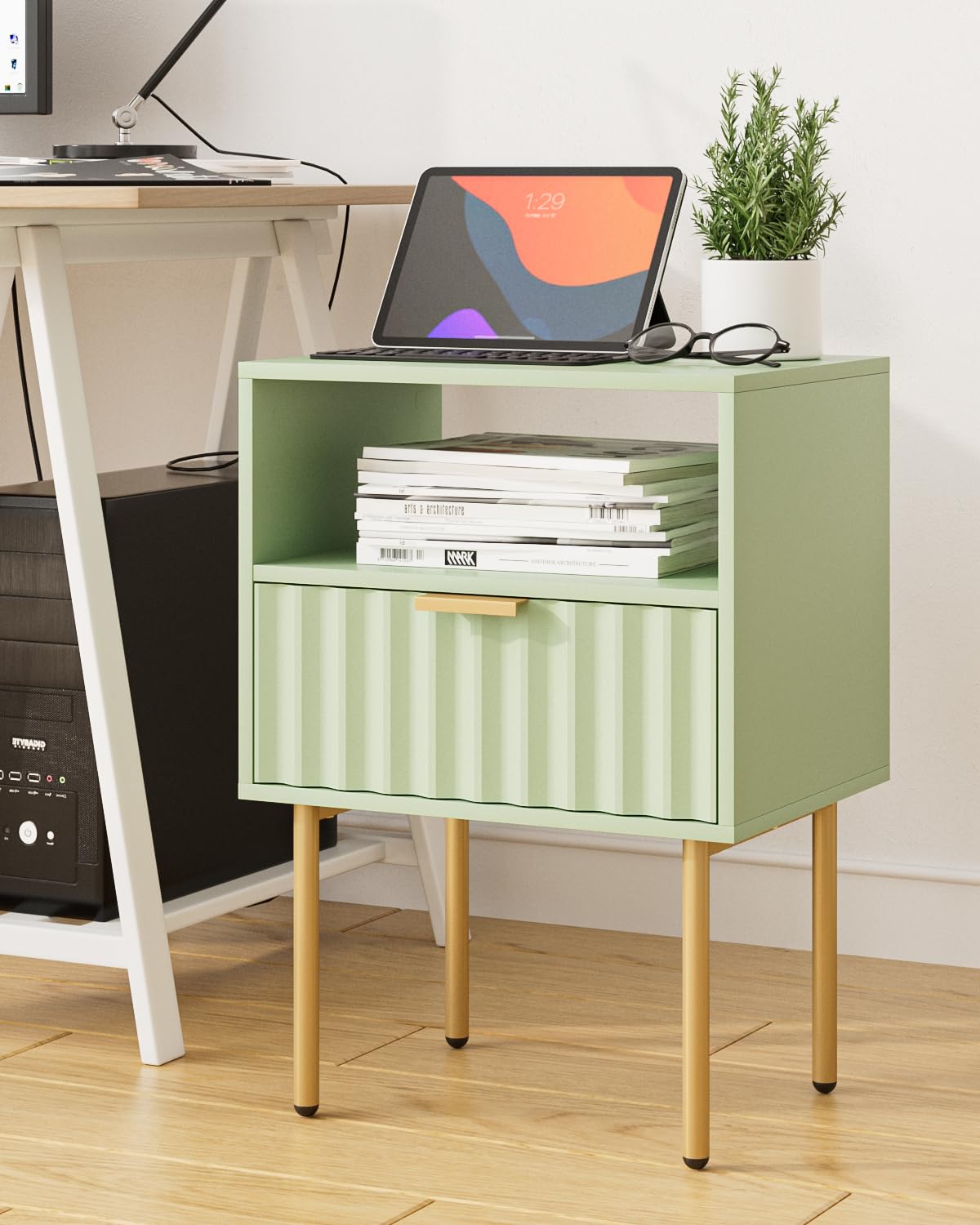 Green Night Stand with Drawer and Shelf J33808