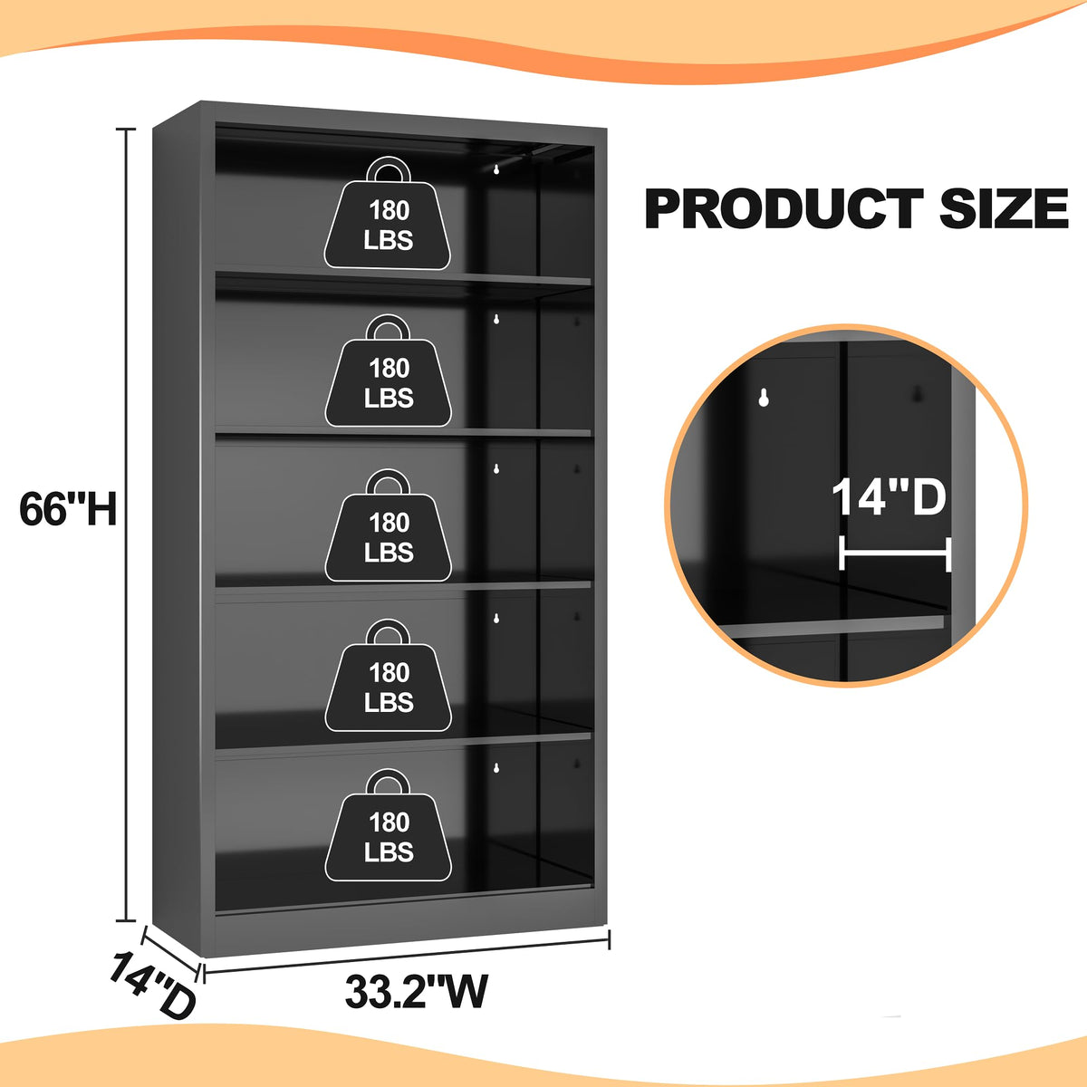 66" Tall Black Metal Bookcase with Adjustable Shelves X198