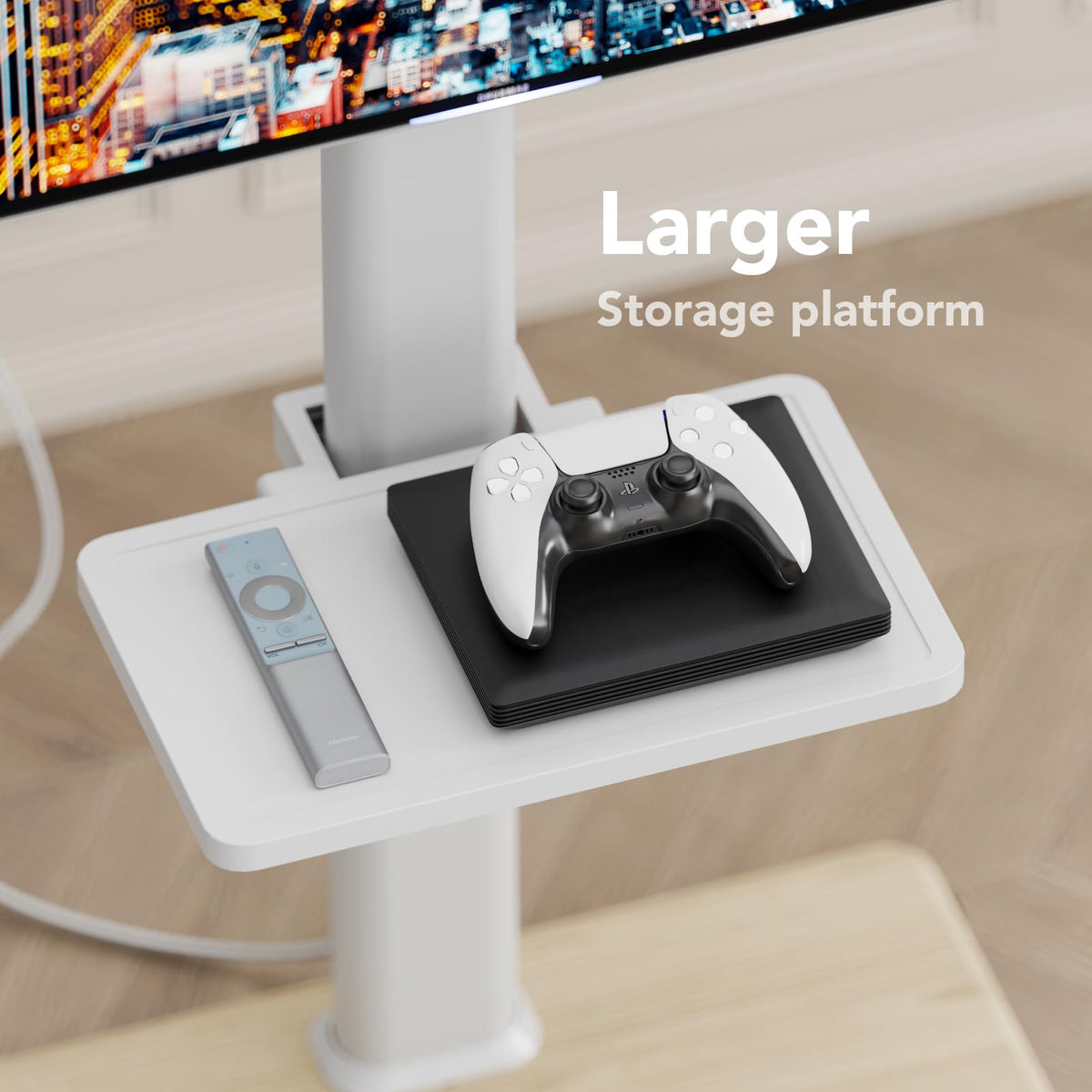Mobile TV Stand with Power Outlets & Shelf, 27-65 Inch Swivel Height Adjustable White R5802