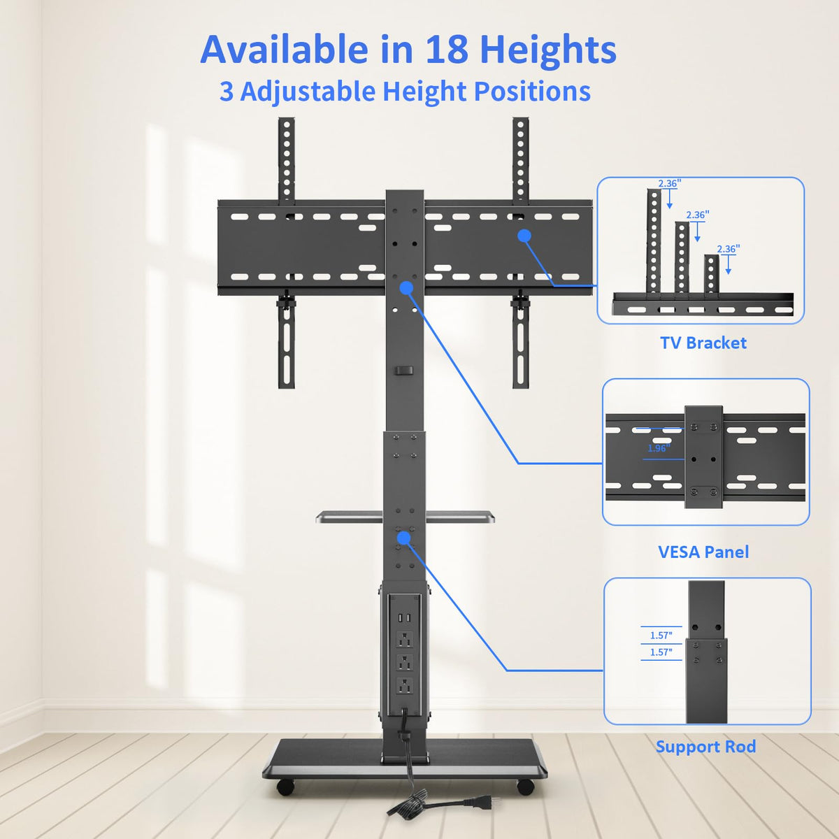 Height Adjustable Rolling TV Stand with Shelf H292