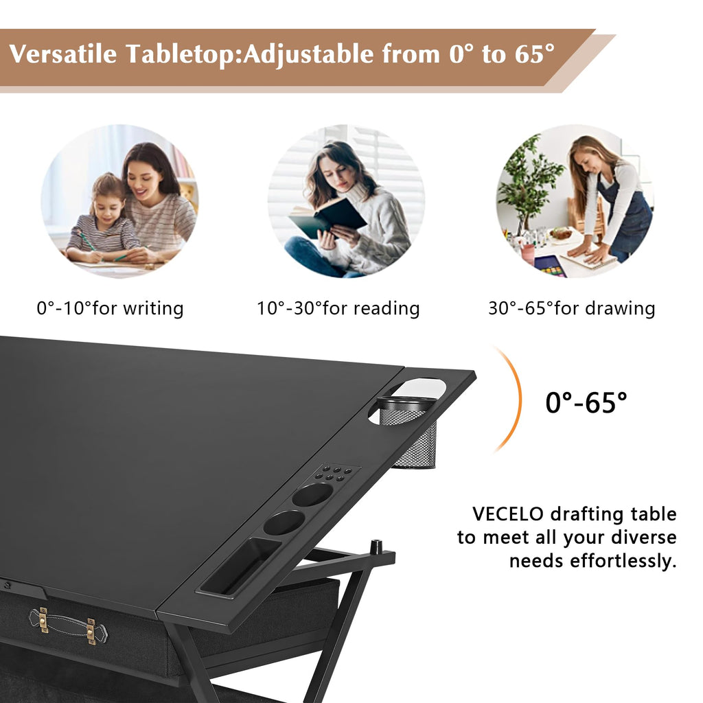 Black Adjustable Drafting Table with 2 Storage Drawers and Stool T5467