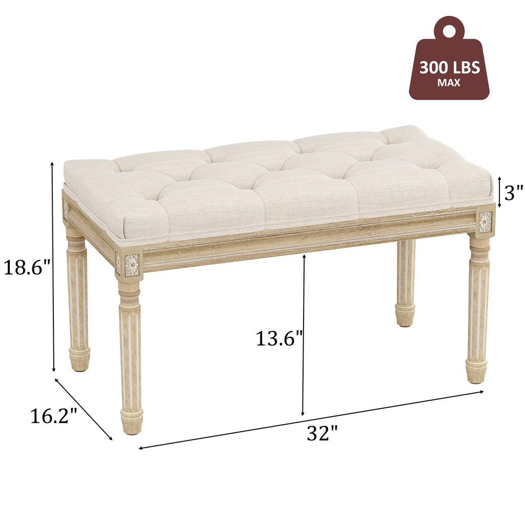 Beige Upholstered Bench with Carved Wood Legs G7926