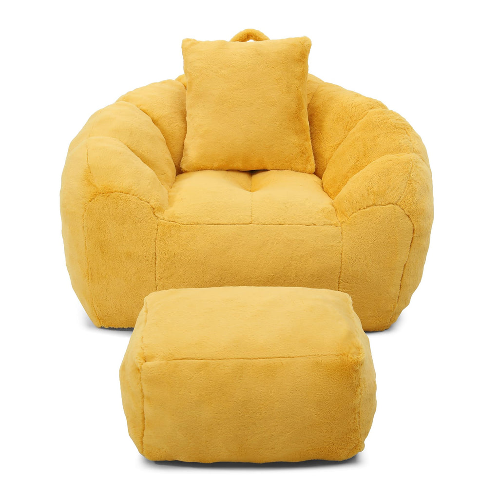 Yellow Faux Fur Memory Foam Bean Bag Chair with Footstool F5750