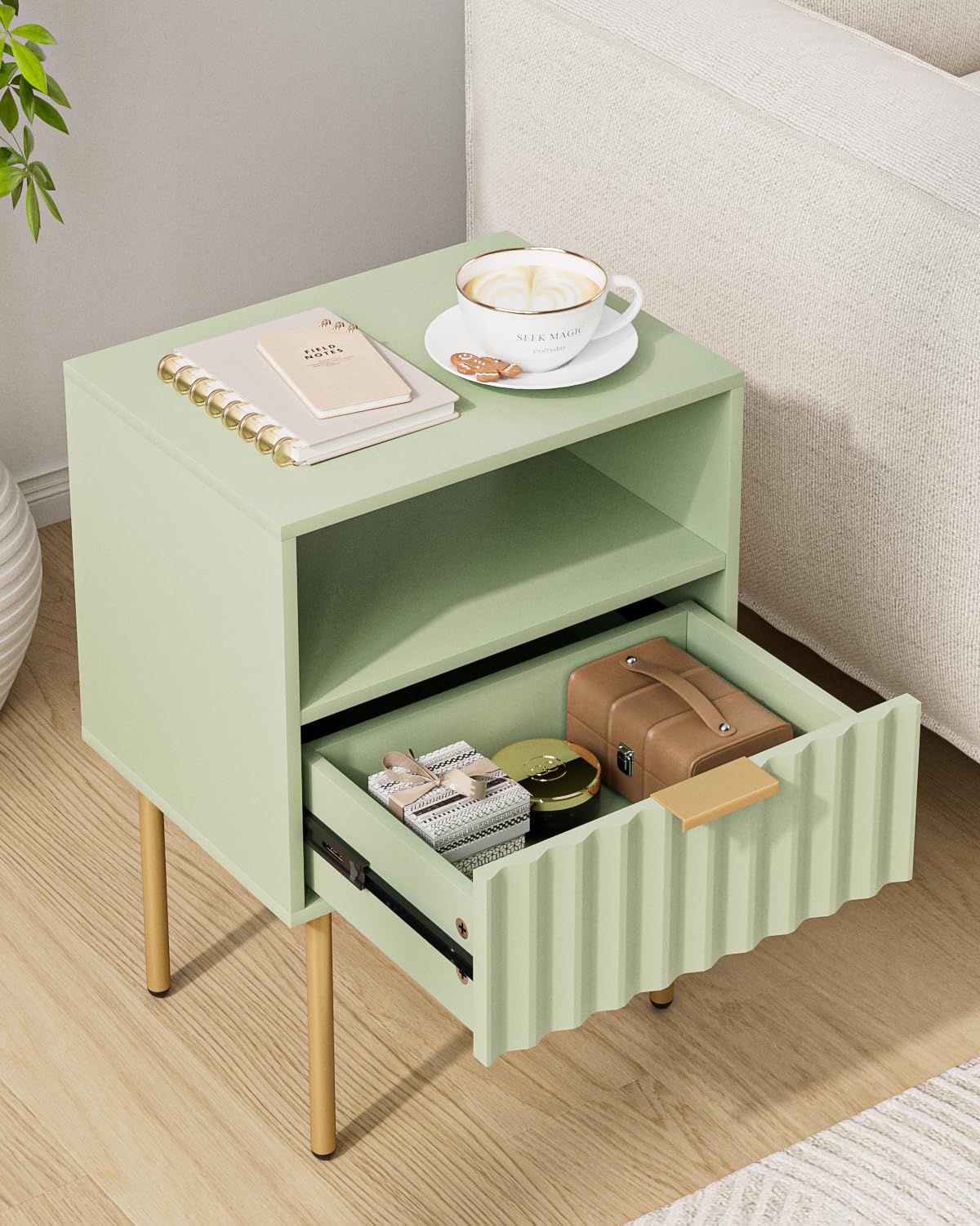 Green Night Stand with Drawer and Shelf J33808