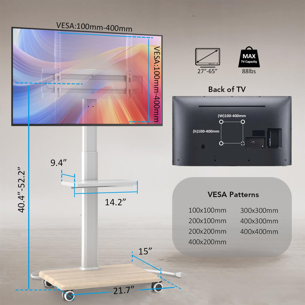 Mobile TV Stand with Power Outlets & Shelf, 27-65 Inch Swivel Height Adjustable White R5802