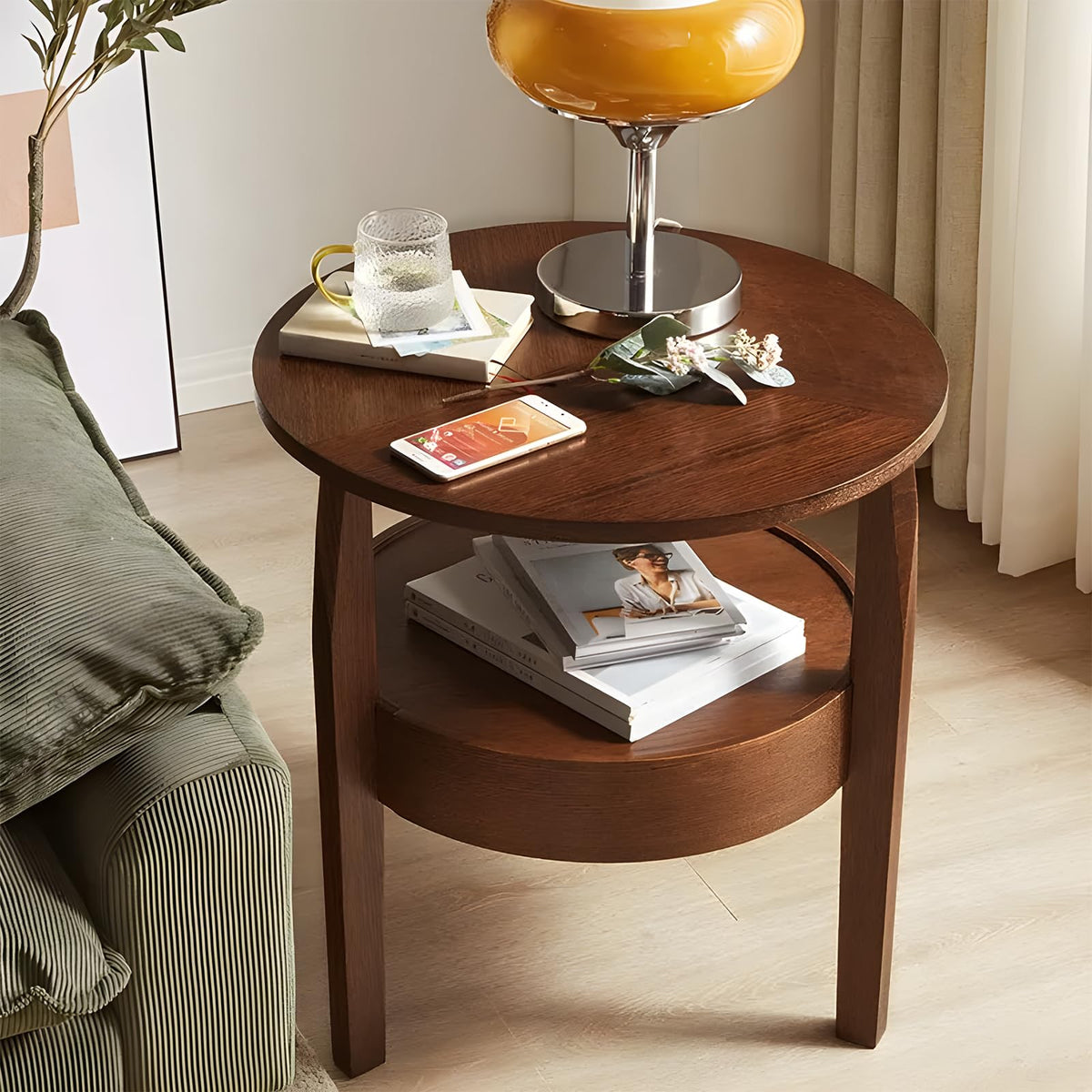 Dark Brown 2-Tier Round Coffee Table with Drawer O310223