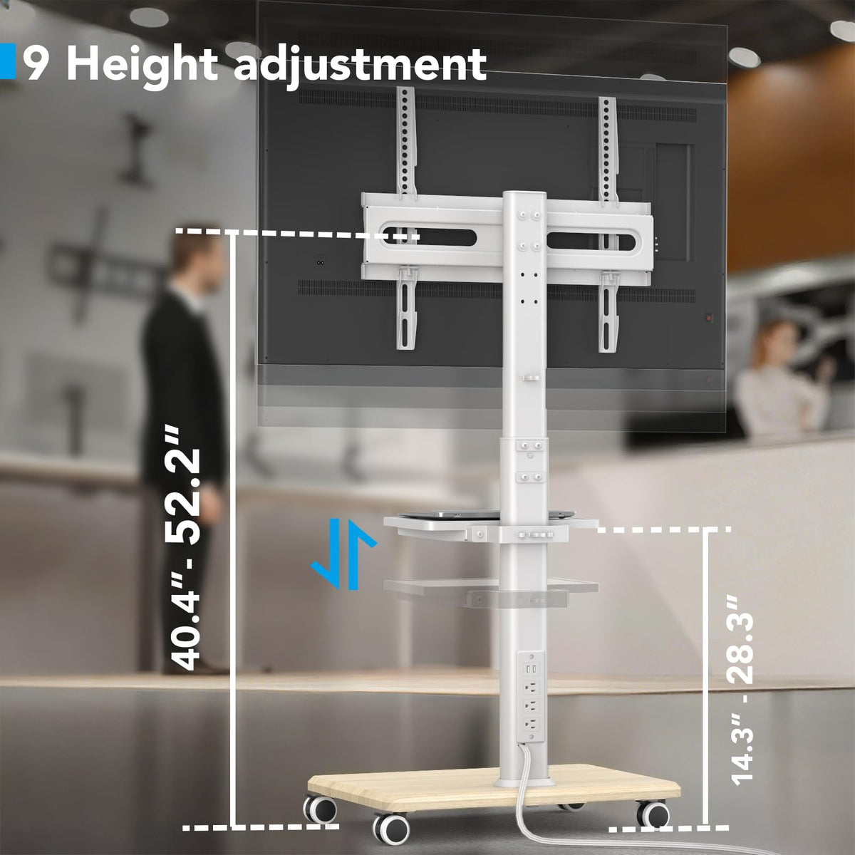 Mobile TV Stand with Power Outlets & Shelf, 27-65 Inch Swivel Height Adjustable White R5802