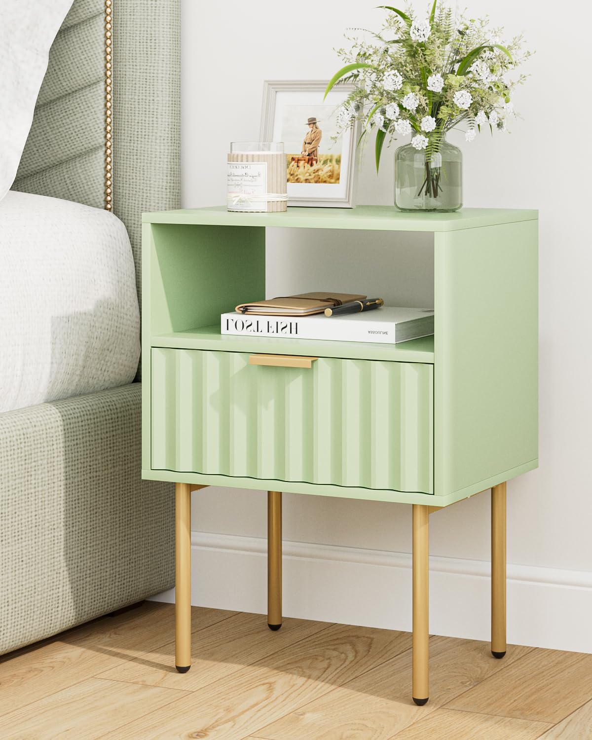 Green Night Stand with Drawer and Shelf J33808