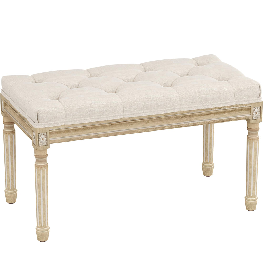 Beige Upholstered Bench with Carved Wood Legs G7926