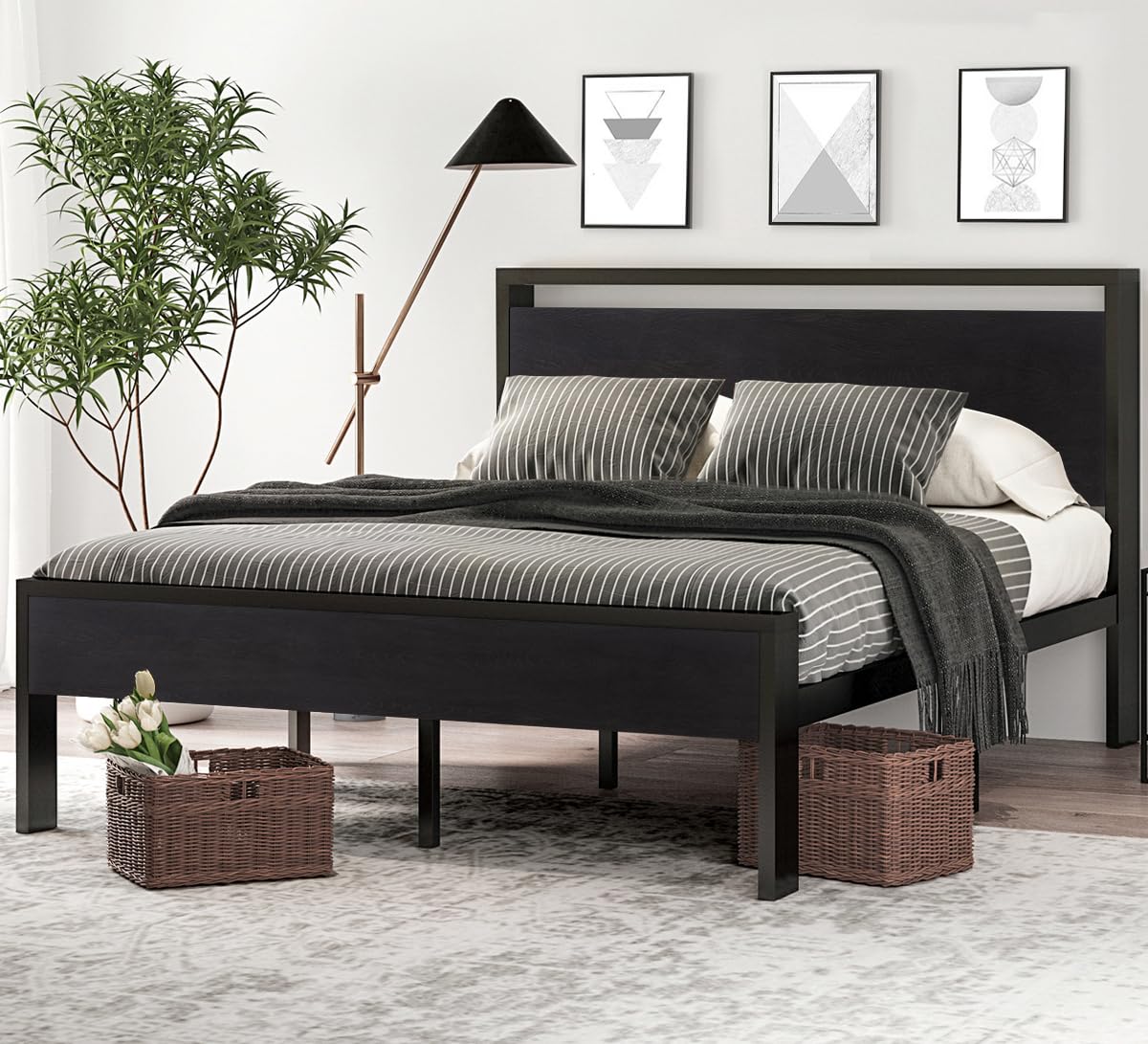 Full Size Bed Frame with Wooden Headboard and Footboard N636519