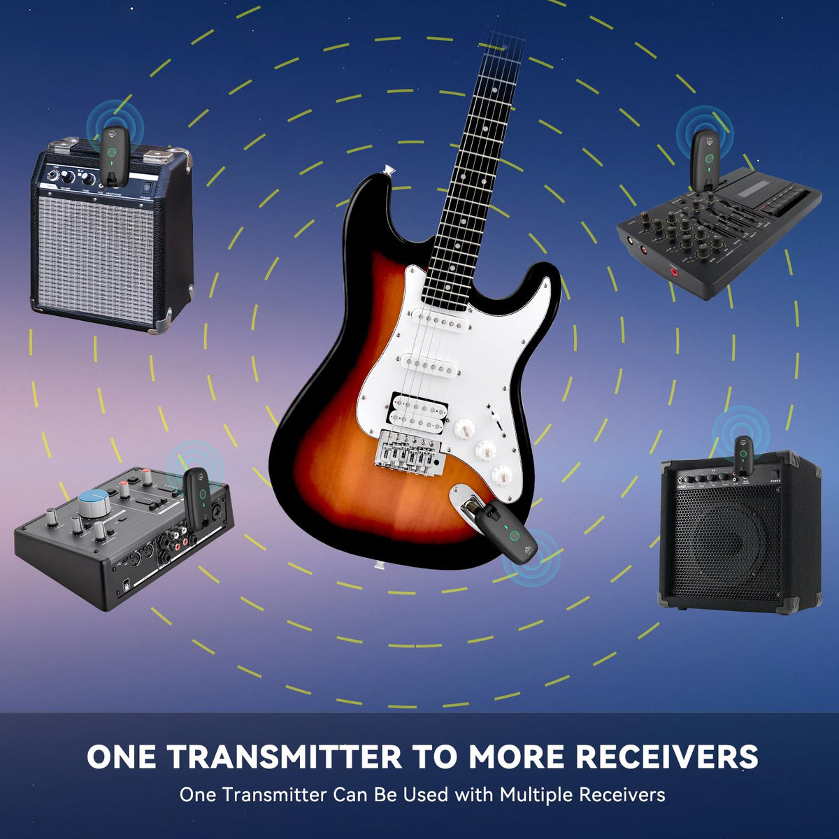 Wireless Guitar System Transmitter Receiver 7-Channel Rechargeable Black L5723