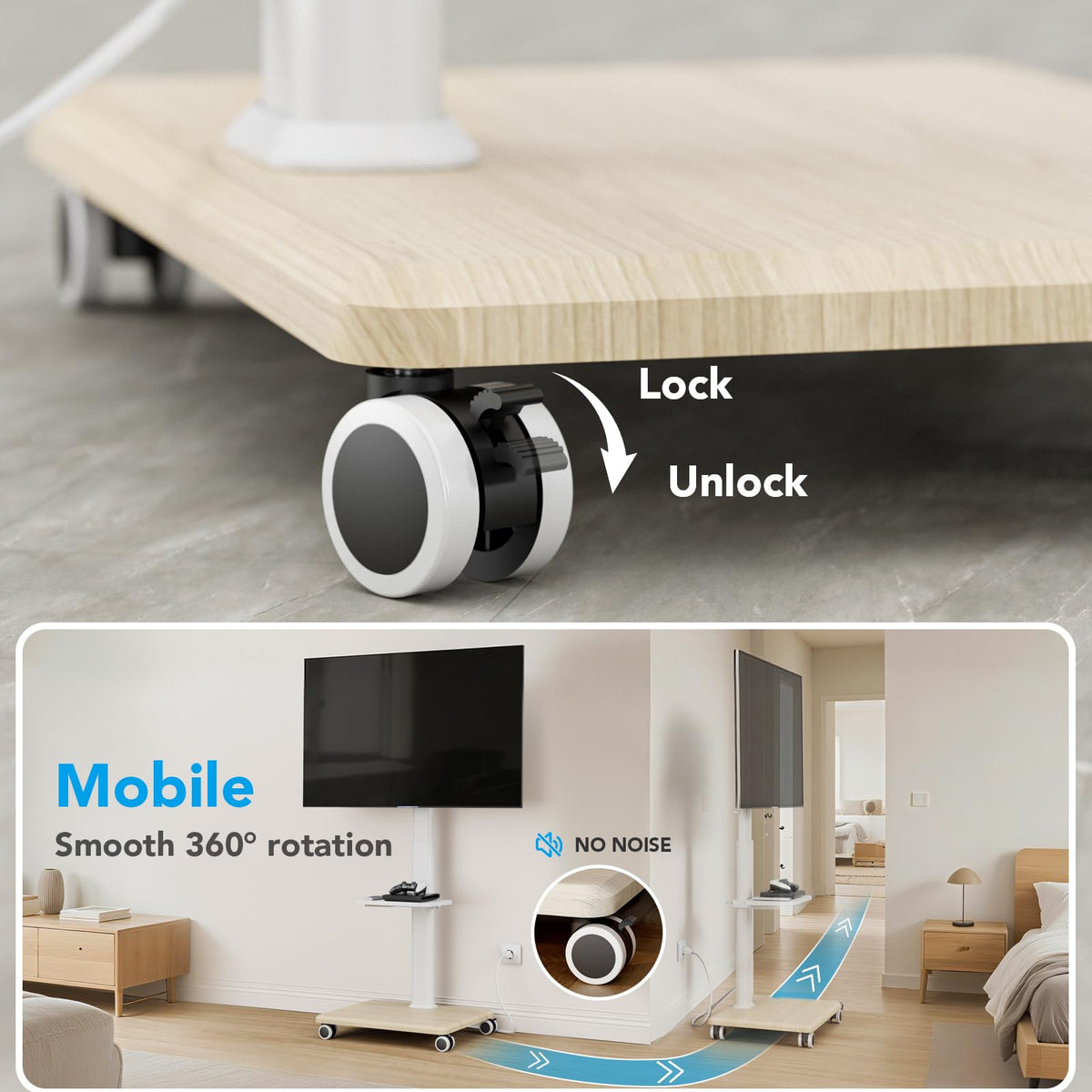 Mobile TV Stand with Power Outlets & Shelf, 27-65 Inch Swivel Height Adjustable White R5802