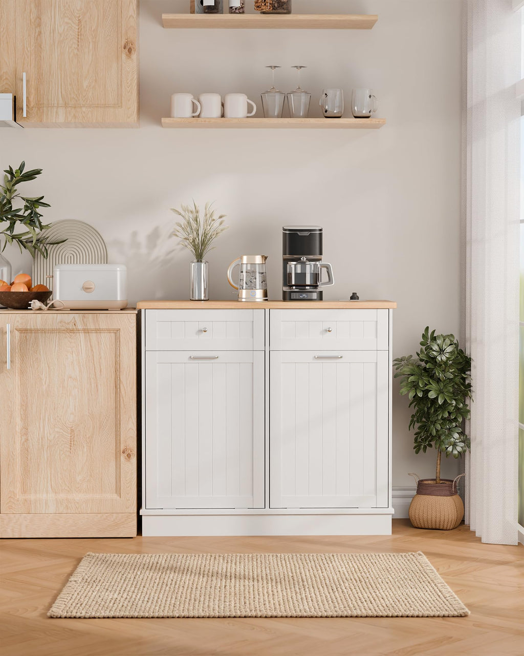 White Wooden Tilt Out Trash Cabinet with 2 Drawers P579992