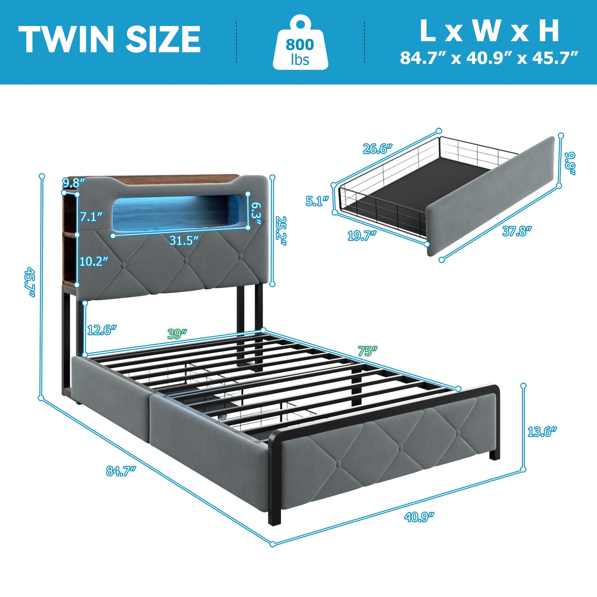 Twin Upholstered Velvet Platform Bed Frame with 2 Storage Drawers P389297