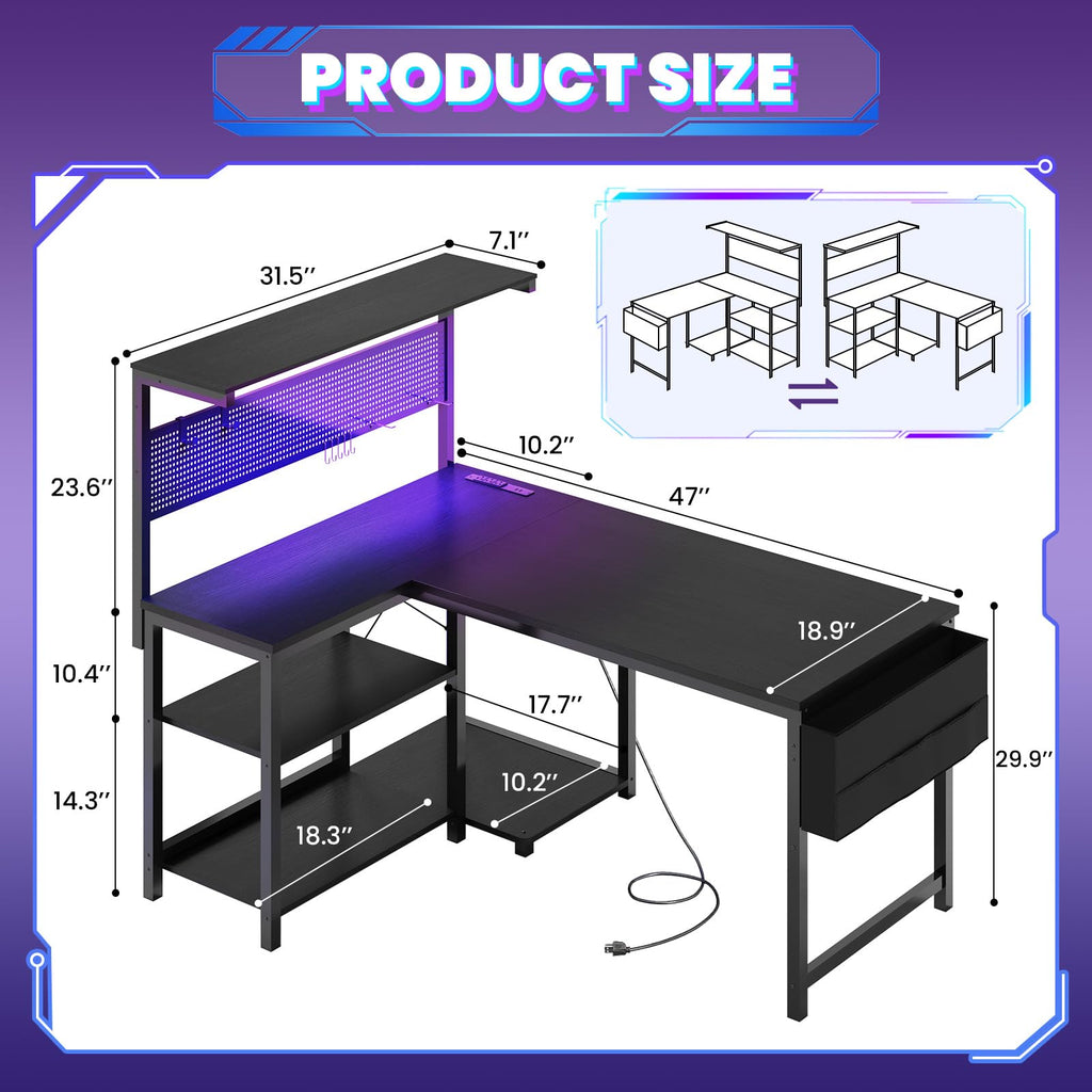 47in Black L Shaped Gaming Desk with Pegboard G541