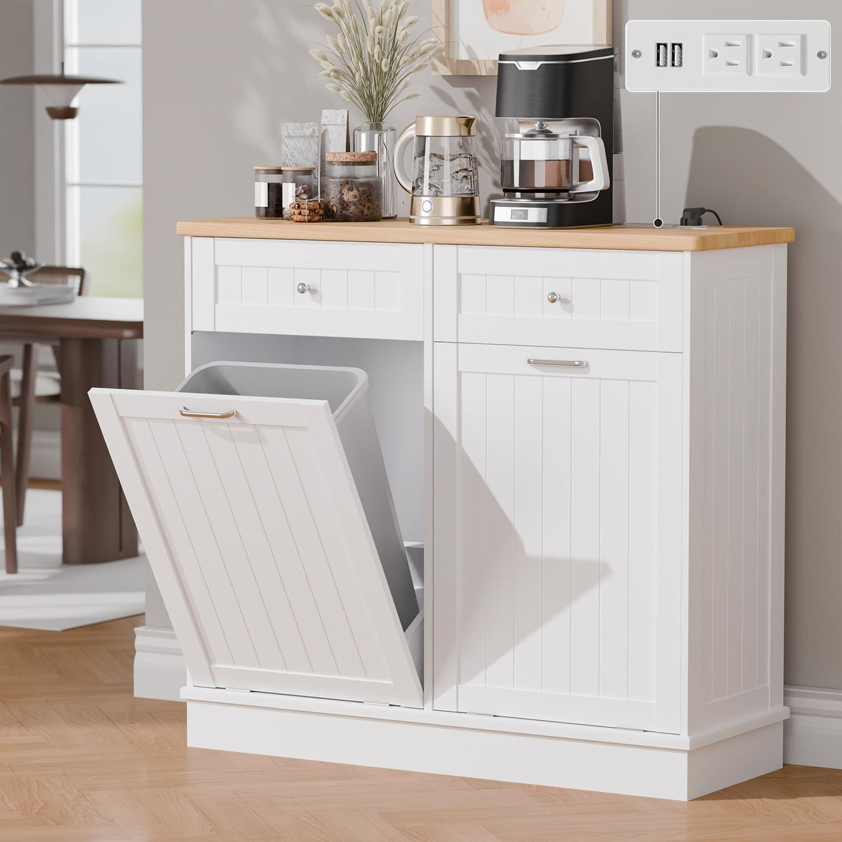 White Wooden Tilt Out Trash Cabinet with 2 Drawers P579992